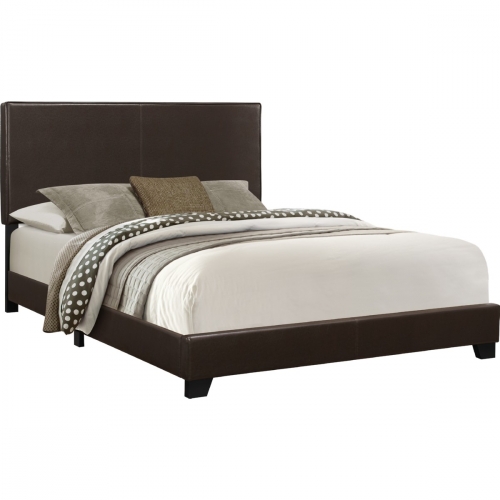Queen Bed in Dark Brown Leatherette with Wood Legs